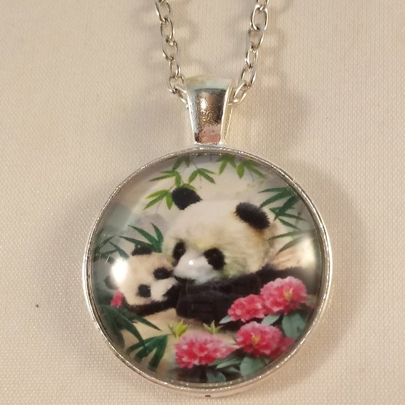 Silver Panda Bears Art Cabochon Pendant Necklace 20" Chain Party Gift - Picture 2 of 3